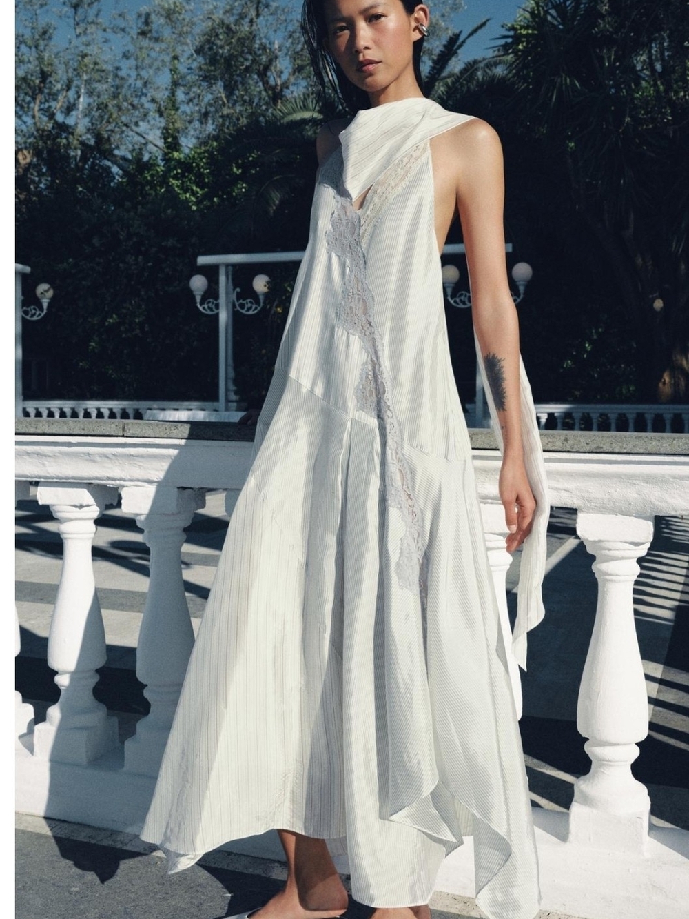 Zara White Halter Lace-Trim Maxi Dress